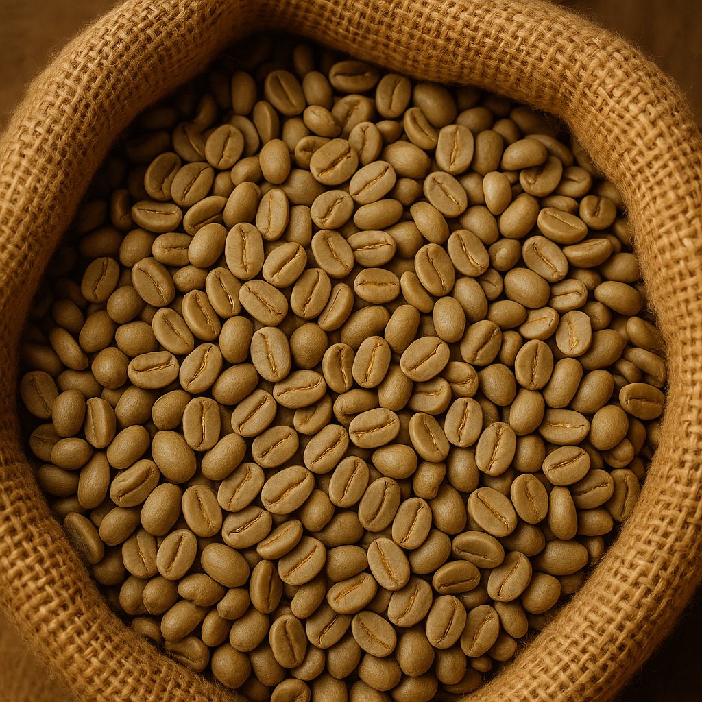 A sack of pale green raw coffee beans before roasting