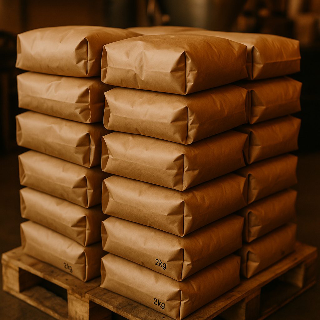 Stacked kraft bags of freshly roasted wholesale coffee on a pallet in the roastery